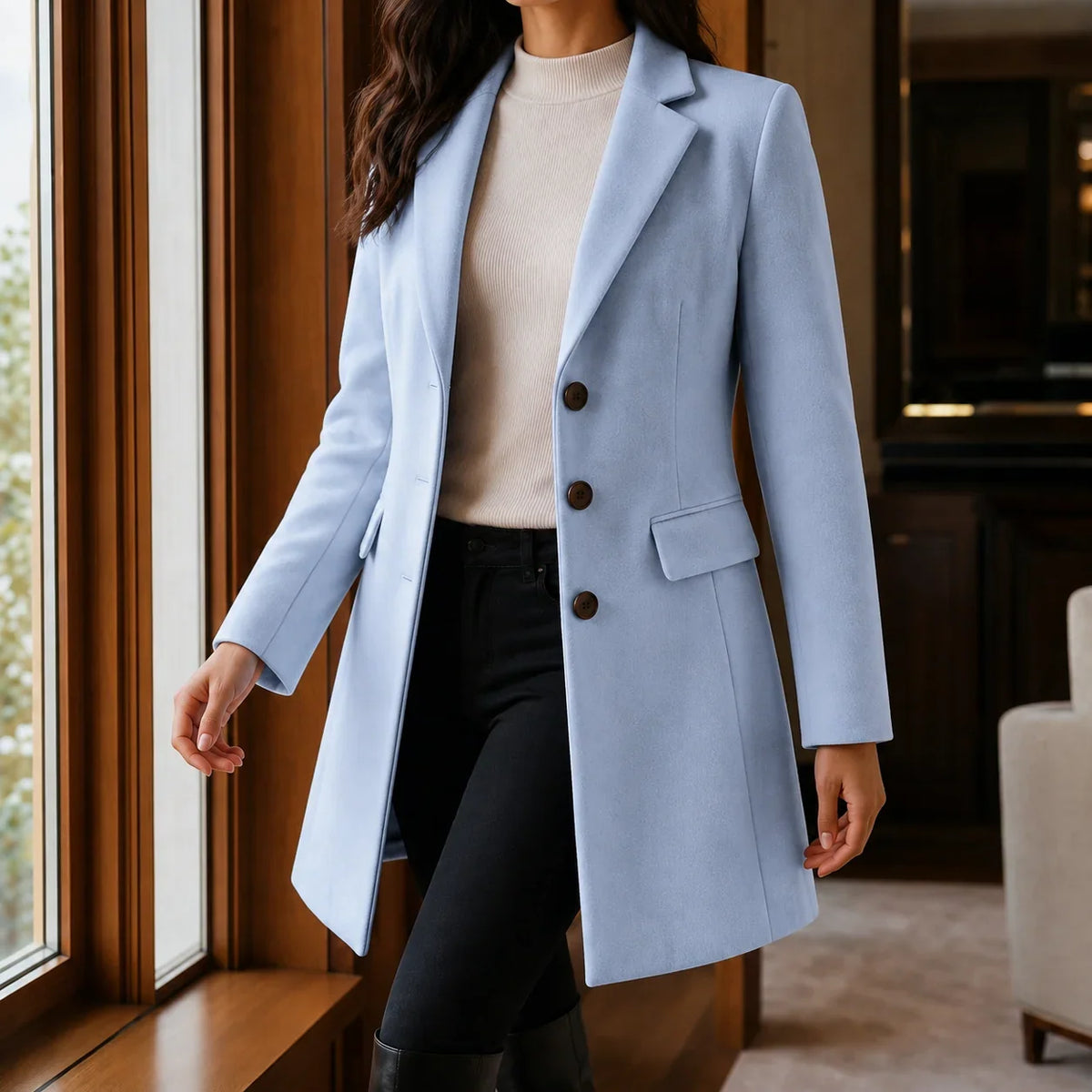 Women's Wool Blend Fit-and-Flare Coat – Notch Lapel Mid-Thigh Dress Coat – view 7