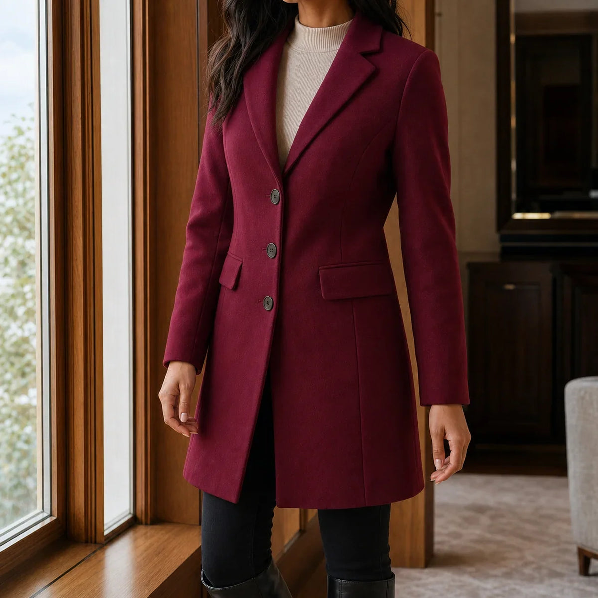 Women's Wool Blend Fit-and-Flare Coat – Notch Lapel Mid-Thigh Dress Coat – view 9