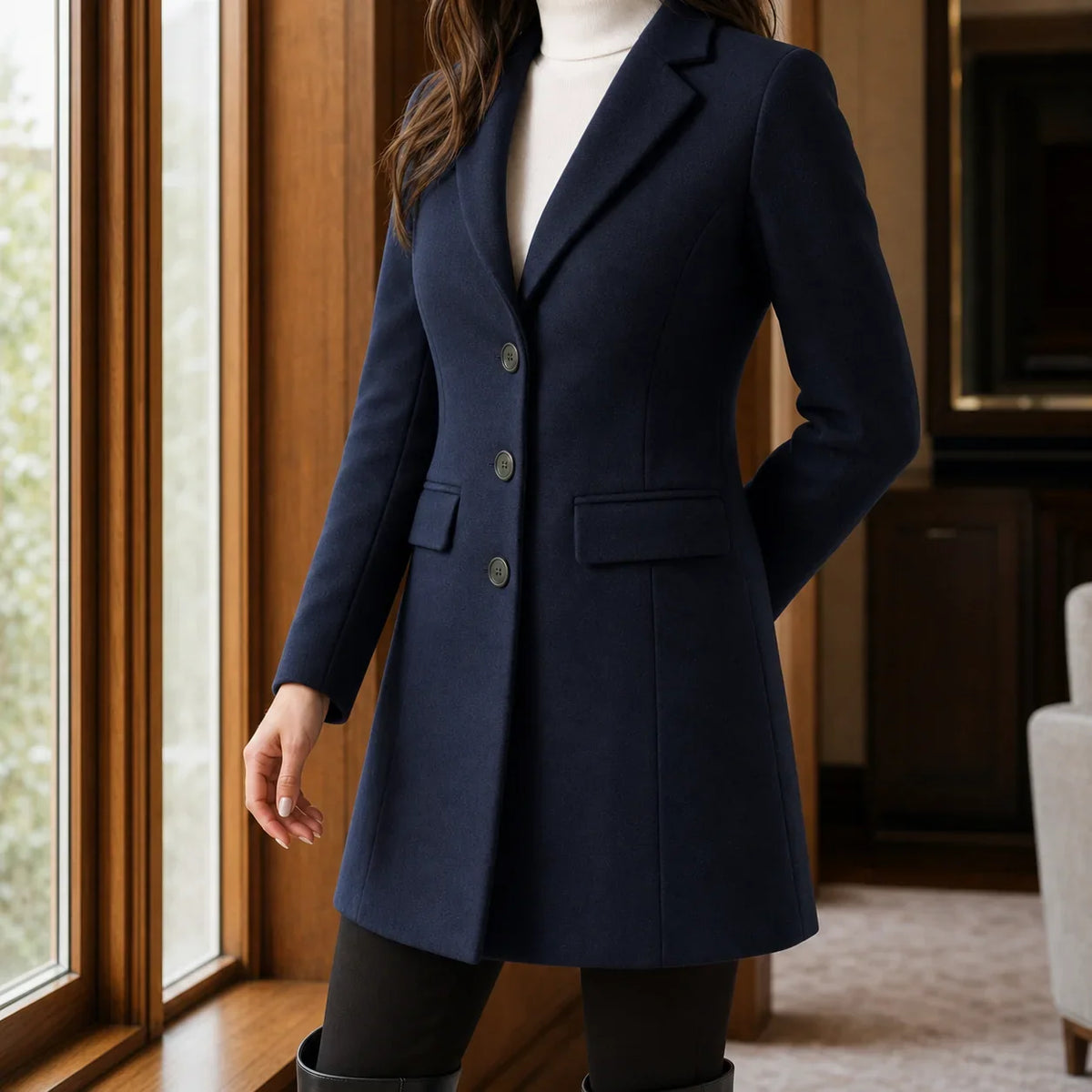 Women's Wool Blend Fit-and-Flare Coat – Notch Lapel Mid-Thigh Dress Coat – view 10