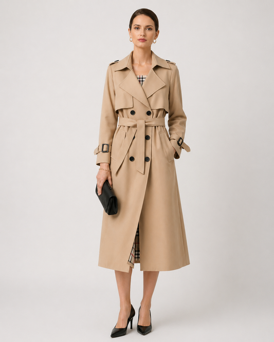 Women's Belted Trench Coat – Tailored Long Fit Cotton Blend