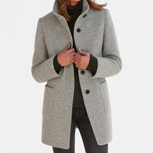 Women's Straight-Fit Wool Coat – Stand Collar with Patch Pockets