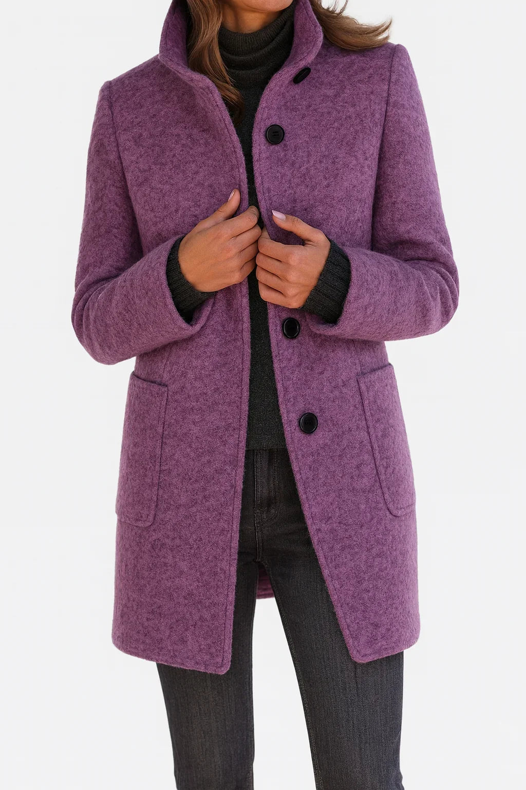 Women's Straight-Fit Wool Coat – Stand Collar with Patch Pockets – view 3