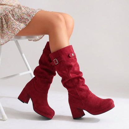 Women's Knee-High Microsuede Boots – Slouchy Shaft with Adjustable Buckle