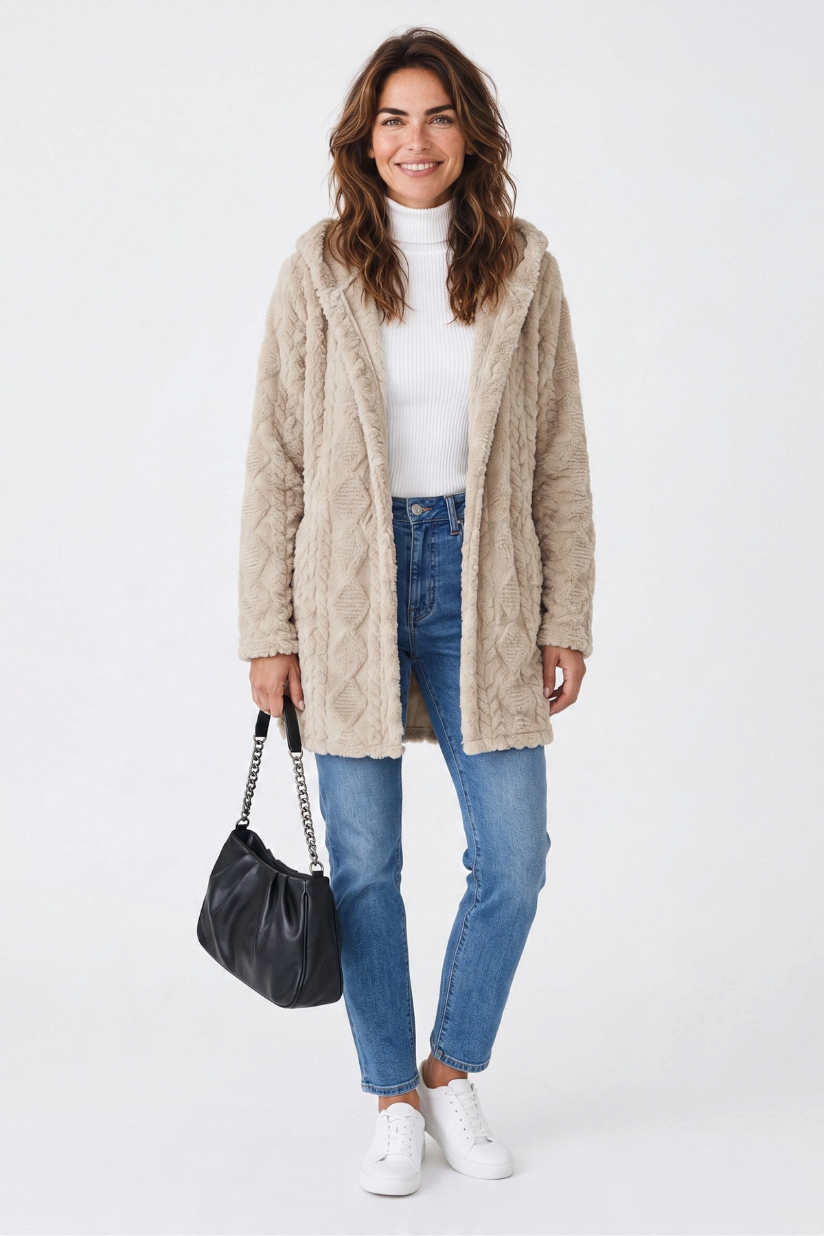 Hooded Longline Fleece Cardigan – Textured Button-Front Winter Jacket – view 2