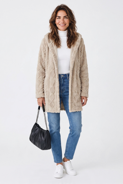 Hooded Longline Fleece Cardigan – Textured Button-Front Winter Jacket – view 2