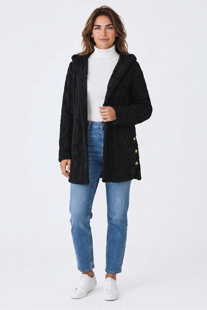 Hooded Longline Fleece Cardigan – Textured Button-Front Winter Jacket – view 3