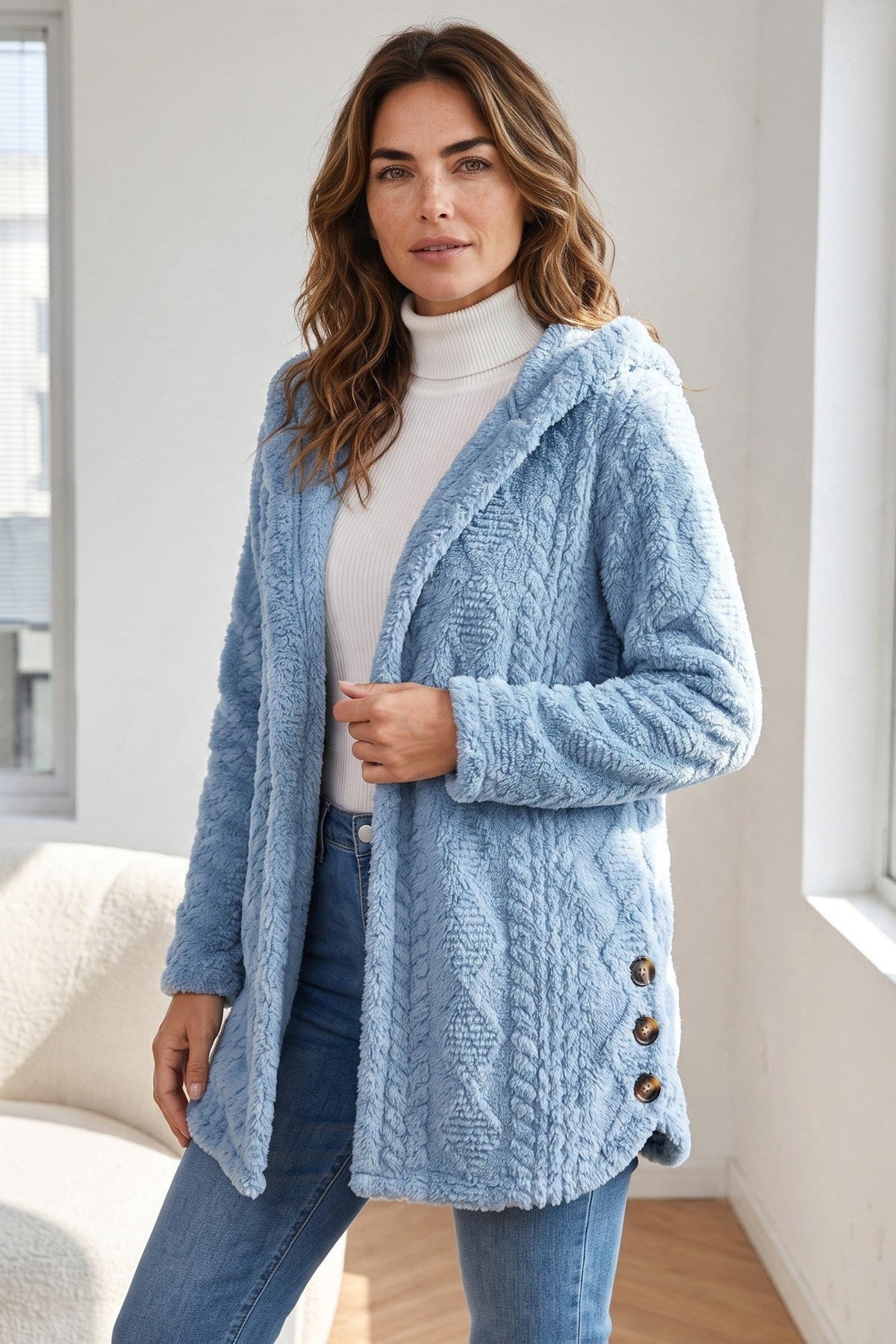 Hooded Longline Fleece Cardigan – Textured Button-Front Winter Jacket – view 9