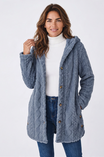 Hooded Longline Fleece Cardigan – Textured Button-Front Winter Jacket – view 11