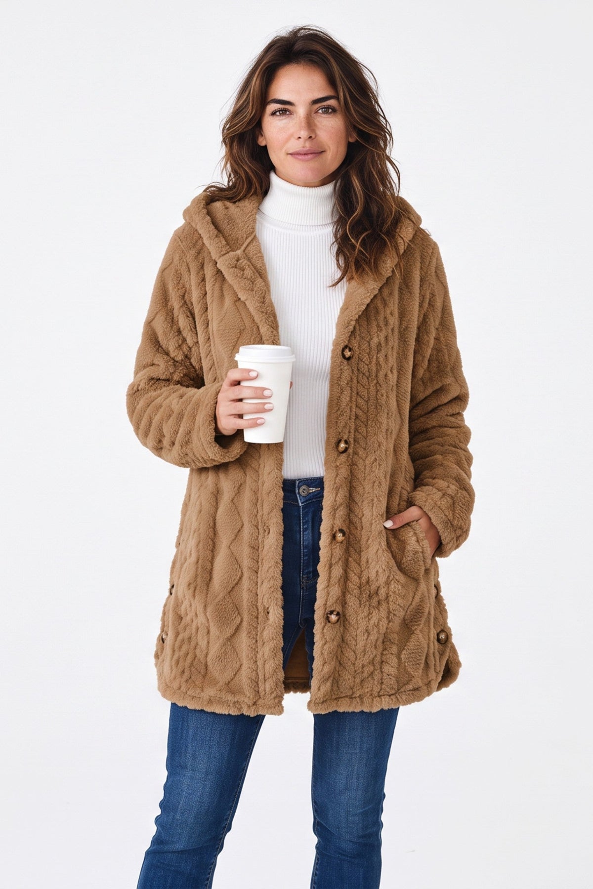 Hooded Longline Fleece Cardigan – Textured Button-Front Winter Jacket – view 12