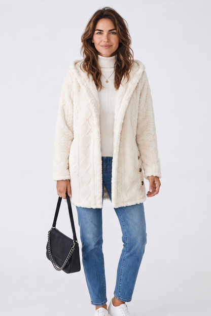 Hooded Longline Fleece Cardigan – Textured Button-Front Winter Jacket