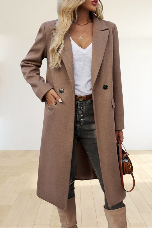 Dark Khaki Longline Tailored Overcoat – Notched Lapel Flap Pocket Coat