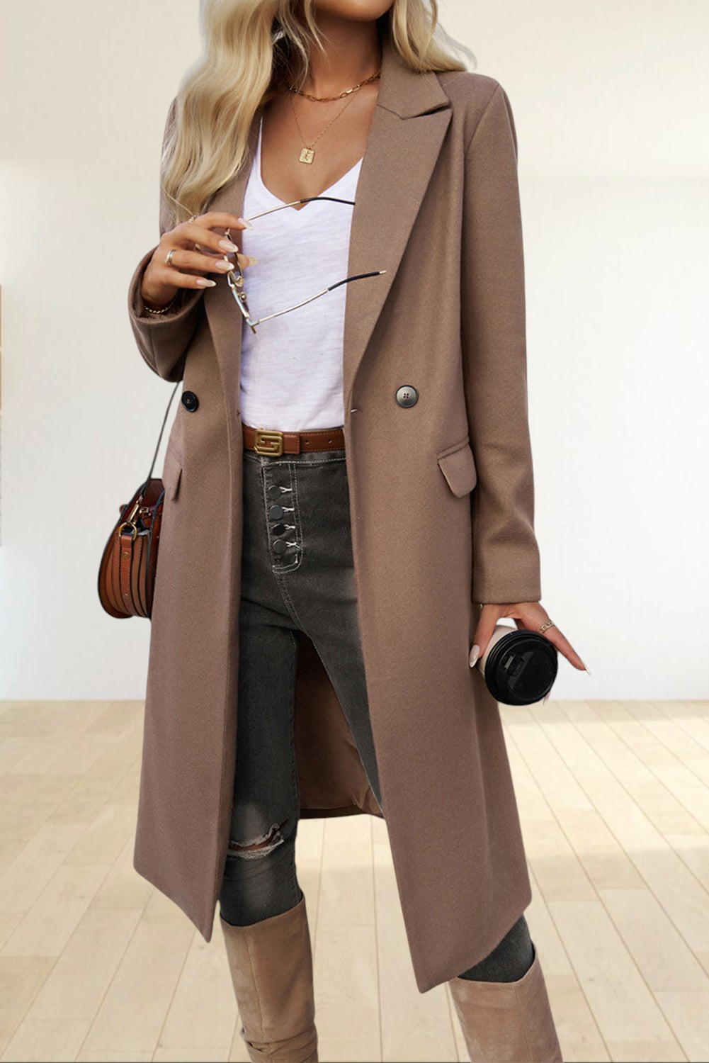 Dark Khaki Longline Tailored Overcoat – Notched Lapel Flap Pocket Coat – view 6