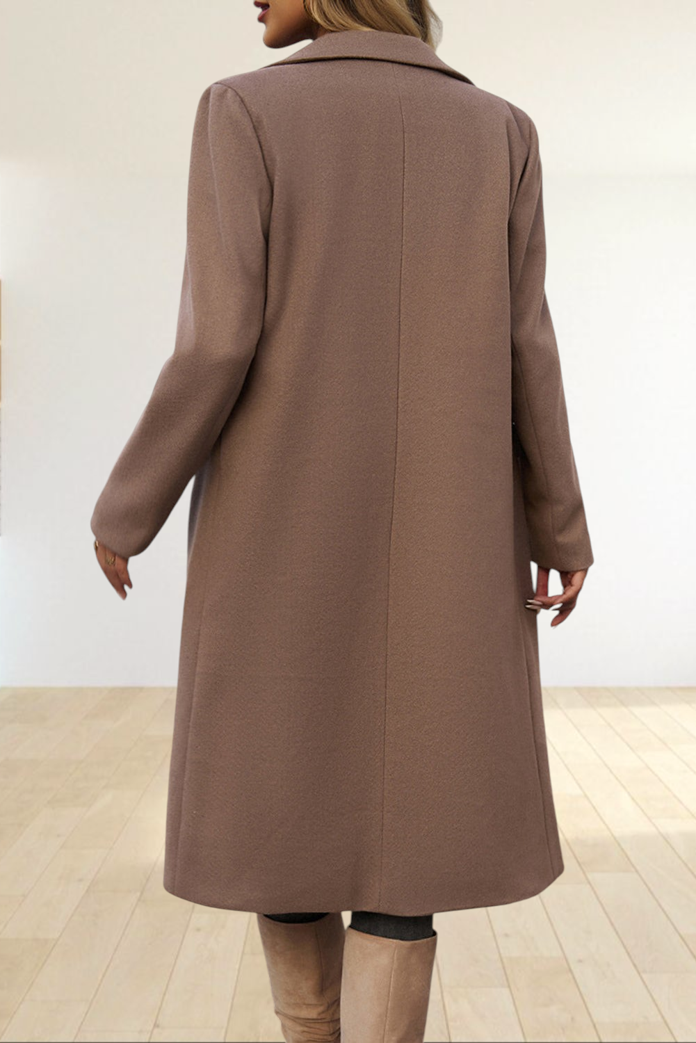 Dark Khaki Longline Tailored Overcoat – Notched Lapel Flap Pocket Coat – view 2