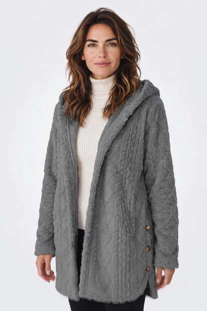 Hooded Longline Fleece Cardigan – Textured Button-Front Winter Jacket – view 4