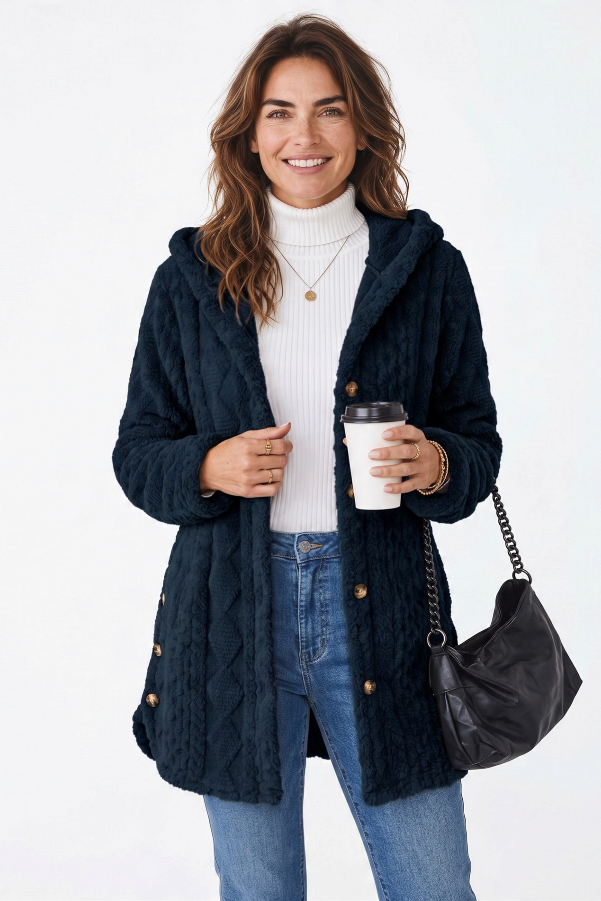 Hooded Longline Fleece Cardigan – Textured Button-Front Winter Jacket – view 6