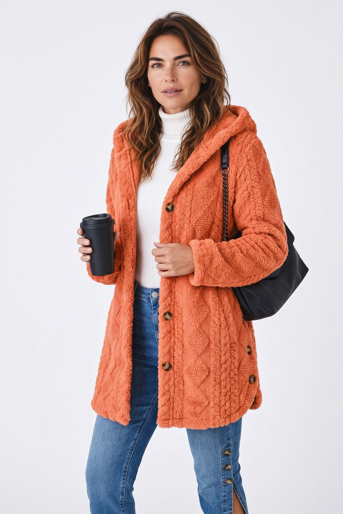 Hooded Longline Fleece Cardigan – Textured Button-Front Winter Jacket – view 7