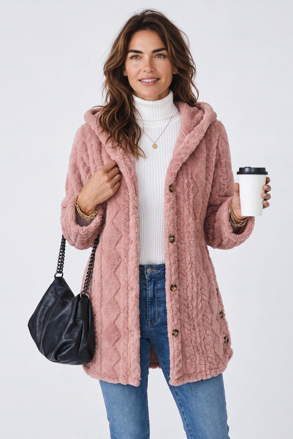 Hooded Longline Fleece Cardigan – Textured Button-Front Winter Jacket – view 5