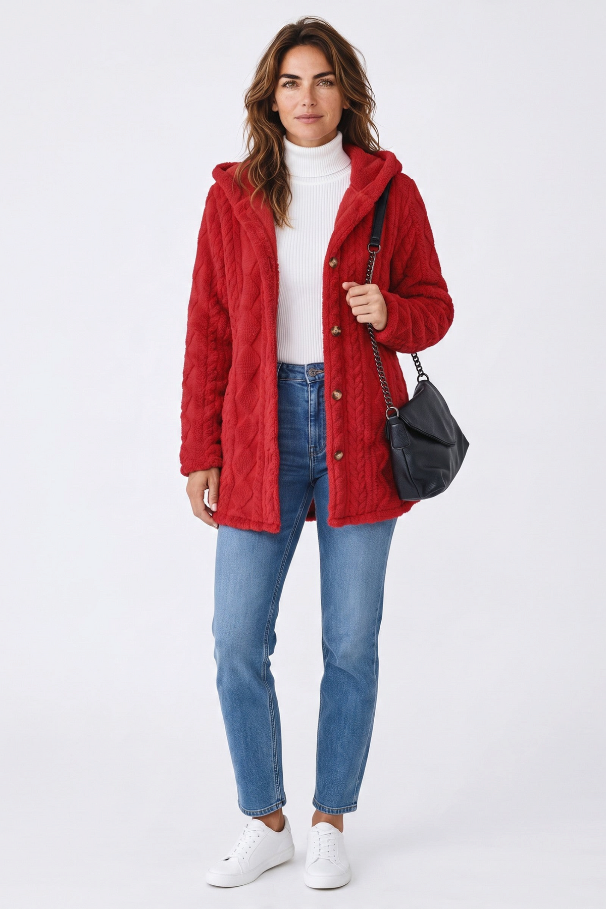 Hooded Longline Fleece Cardigan – Textured Button-Front Winter Jacket – view 13