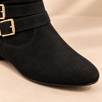 Women's Suede Slouchy Knee-High Boots – Double Buckle, Side Zip, Flat Heel – view 4