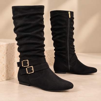 Women's Suede Slouchy Knee-High Boots – Double Buckle, Side Zip, Flat Heel