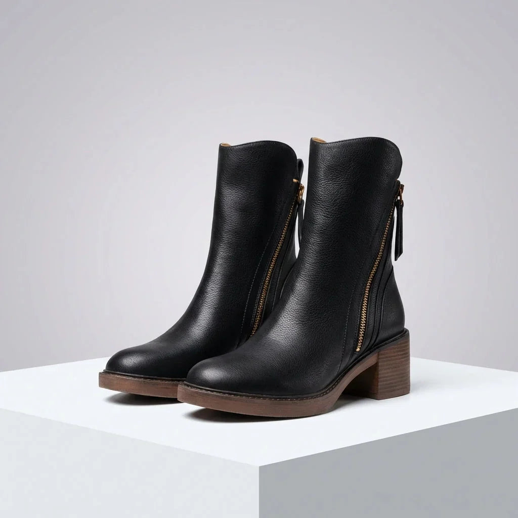 Women's Leather Boots – Square Toe, Stacked Block Heel, Side Zip with Tassel