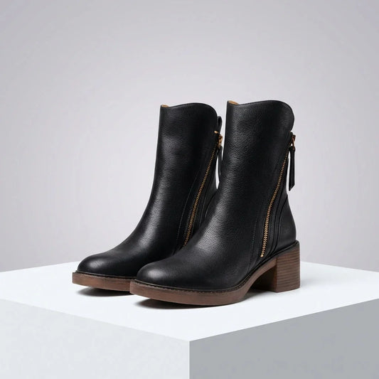 Women's Leather Boots – Square Toe, Stacked Block Heel, Side Zip with Tassel