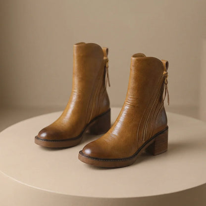 Women's Leather Boots – Square Toe, Stacked Block Heel, Side Zip with Tassel – view 2