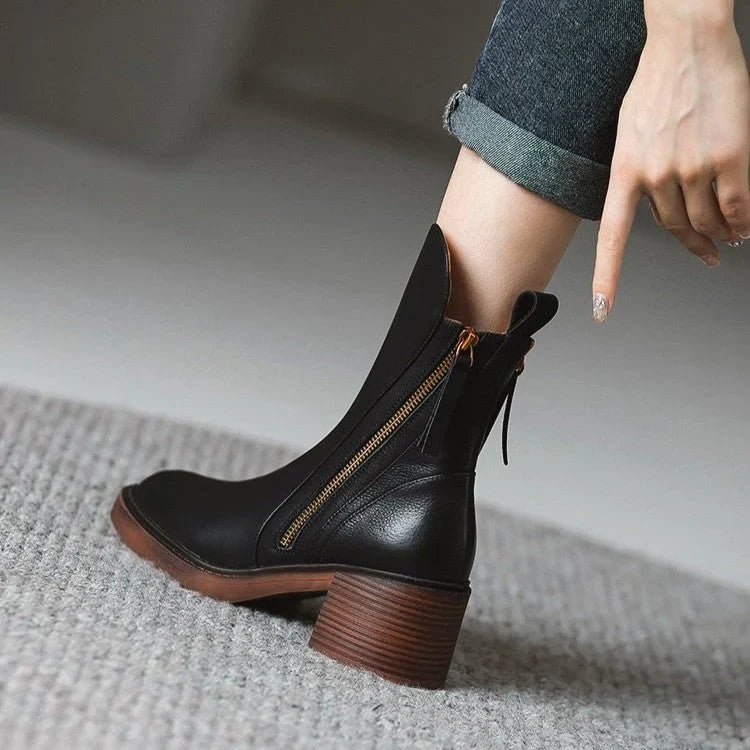 Women's Leather Boots – Square Toe, Stacked Block Heel, Side Zip with Tassel – view 3
