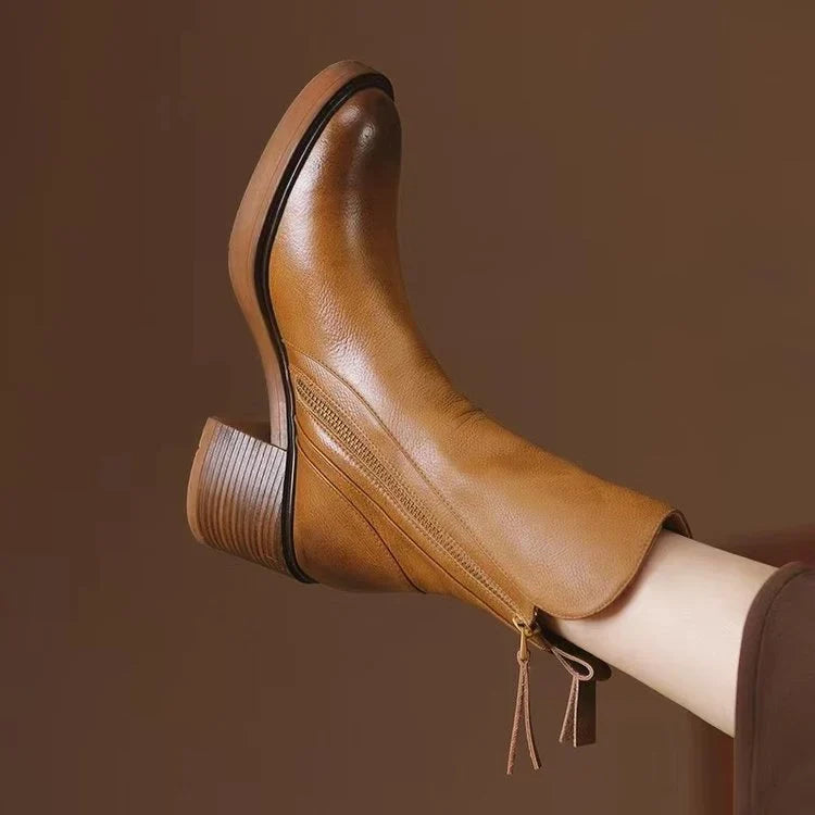 Women's Leather Boots – Square Toe, Stacked Block Heel, Side Zip with Tassel – view 4