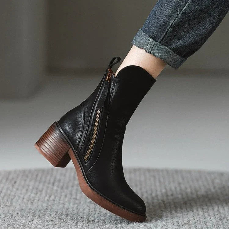Women's Leather Boots – Square Toe, Stacked Block Heel, Side Zip with Tassel – view 5