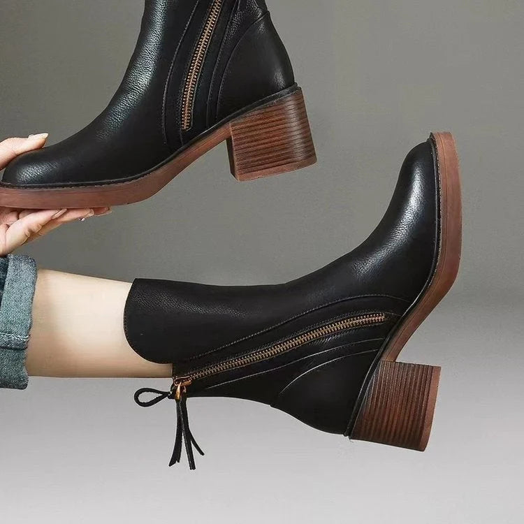Women's Leather Boots – Square Toe, Stacked Block Heel, Side Zip with Tassel – view 6