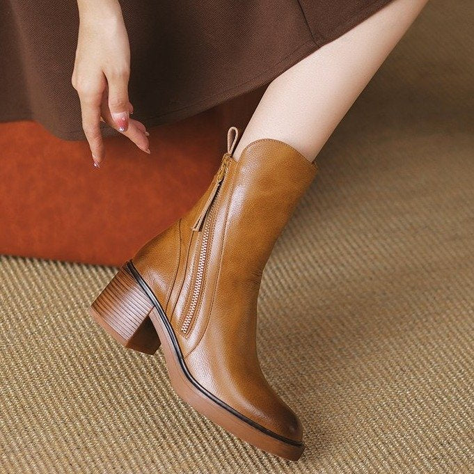 Women's Leather Boots – Square Toe, Stacked Block Heel, Side Zip with Tassel – view 7
