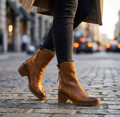 Women's Leather Boots – Square Toe, Stacked Block Heel, Side Zip with Tassel – view 8