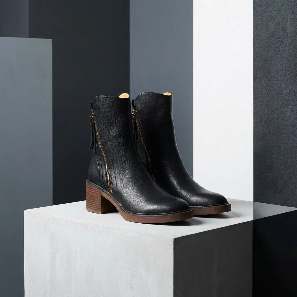 Women's Leather Boots – Square Toe, Stacked Block Heel, Side Zip with Tassel – view 9