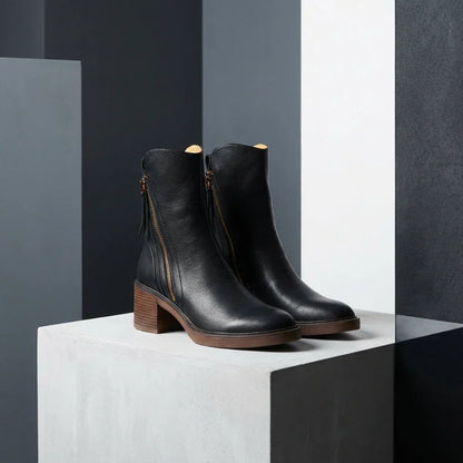 Women's Leather Boots – Square Toe, Stacked Block Heel, Side Zip with Tassel – view 9