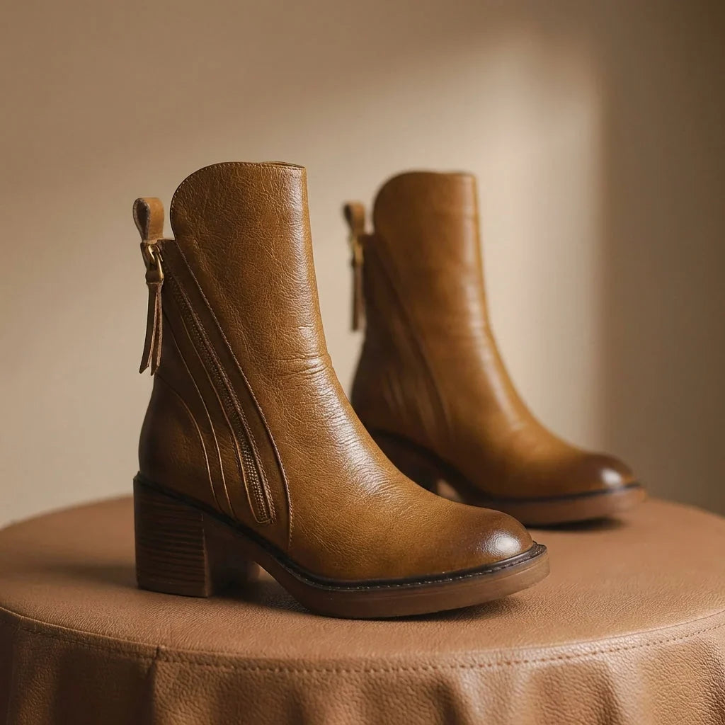 Women's Leather Boots – Square Toe, Stacked Block Heel, Side Zip with Tassel – view 10