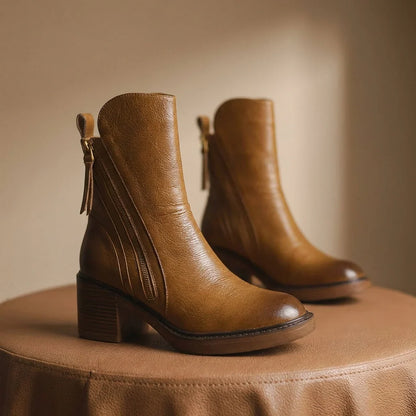 Women's Leather Boots – Square Toe, Stacked Block Heel, Side Zip with Tassel – view 10