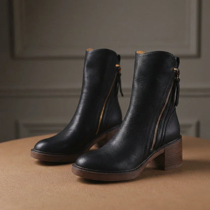 Women's Leather Boots – Square Toe, Stacked Block Heel, Side Zip with Tassel – view 11