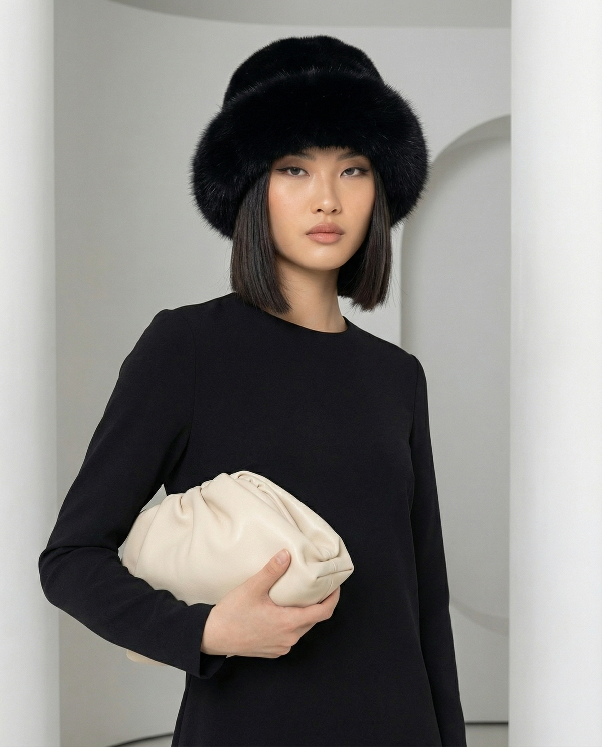 Fuzzy Faux-Fur Hat – Warm Winter Hat in Ivory, White & Black – view 3