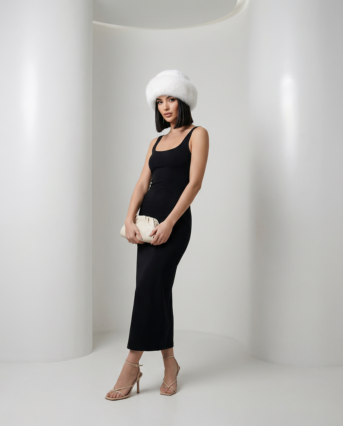 Fuzzy Faux-Fur Hat – Warm Winter Hat in Ivory, White & Black – view 5