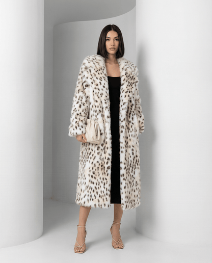 Snow Leopard Faux-Fur Long Coat – Straight-Cut Statement Winter Coat