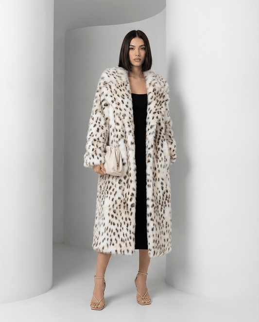 Snow Leopard Faux-Fur Long Coat – Straight-Cut Statement Winter Coat