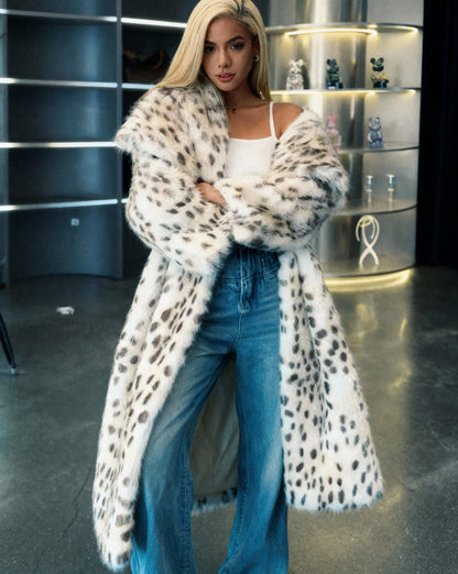 Snow Leopard Faux-Fur Long Coat – Straight-Cut Statement Winter Coat – view 7