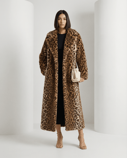 Cocoa Leopard Faux-Fur Coat – Full-Length Leopard Print Winter Coat