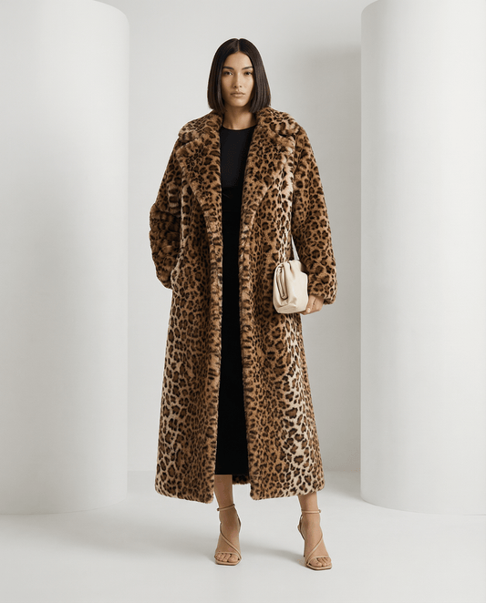 Cocoa Leopard Faux-Fur Coat – Full-Length Leopard Print Winter Coat