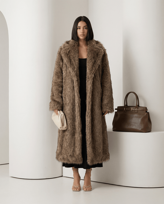 Longline Faux-Fur Coat – Heavy Plush Winter Coat in Beige & Brown