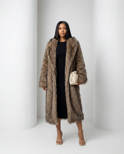 Longline Faux-Fur Coat – Heavy Plush Winter Coat in Beige & Brown – view 2