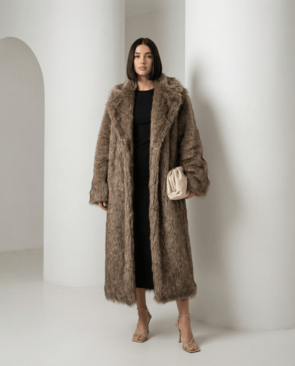 Longline Faux-Fur Coat – Heavy Plush Winter Coat in Beige & Brown – view 4