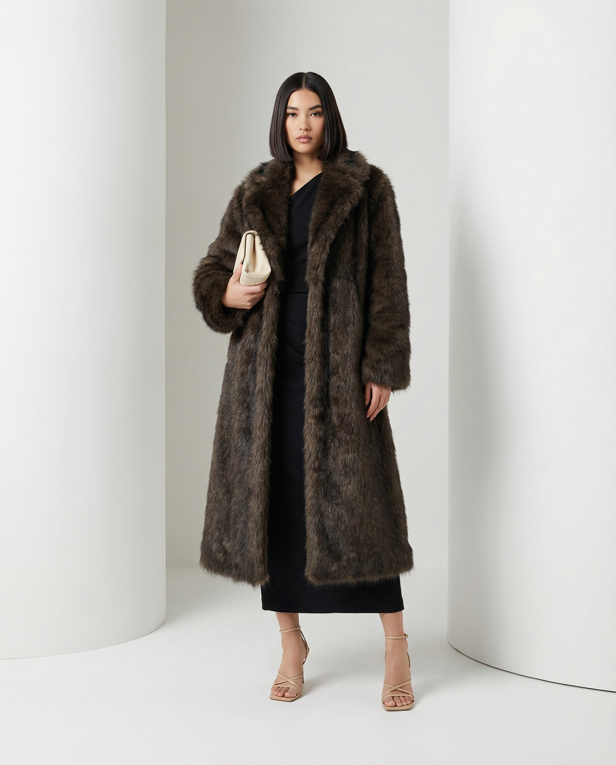 Longline Faux-Fur Coat – Heavy Plush Winter Coat in Beige & Brown – view 6