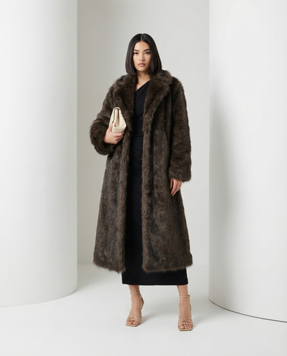 Longline Faux-Fur Coat – Heavy Plush Winter Coat in Beige & Brown – view 6